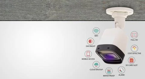 Security camera hanging in office building with illustrated icons about featu Fotos de archivo