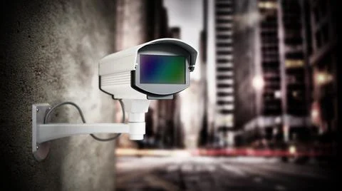 Security camera hanging on the wall against city background. 3D illustration Stock Illustration