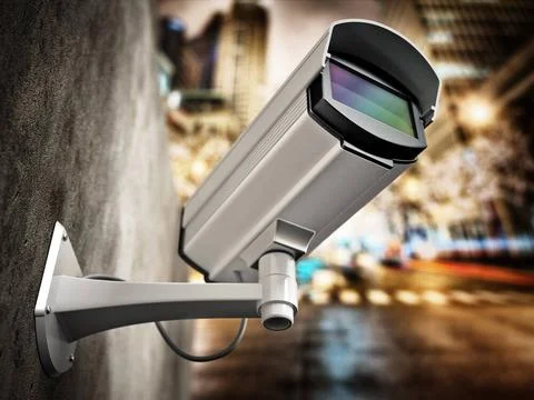 Security camera hanging on the wall against city background. 3D illustrati... Stock Photos