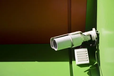 A security camera hangs in the corner. Perimeter control tool. Video recordin Stock Photos