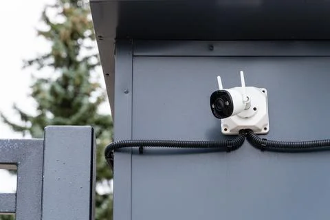 A security camera has been installed on a building for monitoring Stock Photos