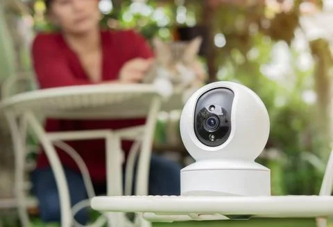 Security camera high tech smart gadget standing in the garden with pet and .. Foto stock