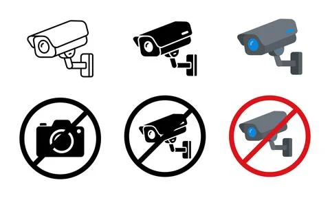 Security camera icon and video surveillance prohibition sign set, line art,.. 스톡 일러스트