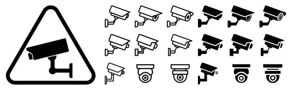 Security Camera Icons and Warning Sign for Surveillance Systems Usage Stock Illustration