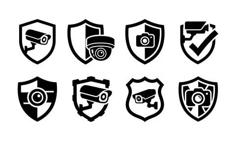 Security camera icons combined with protective shield shapes inside Stock Illustration