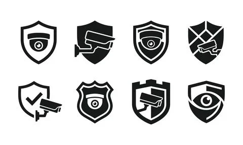 Security camera icons combined with shield shapes for protection monitoring Stock Illustration
