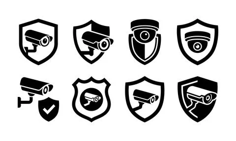 Security camera icons featuring protection shields for safety surveillance .. Stock Illustration