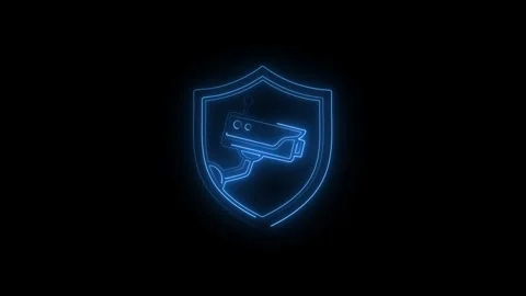Security camera inside shield icon animated glowing blue line motion graphics Stockbeeldmateriaal 338253203