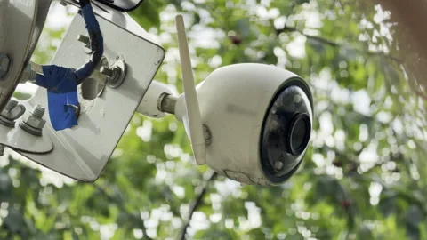 Security camera monitors a green outdoor garden Stock Footage 336935789