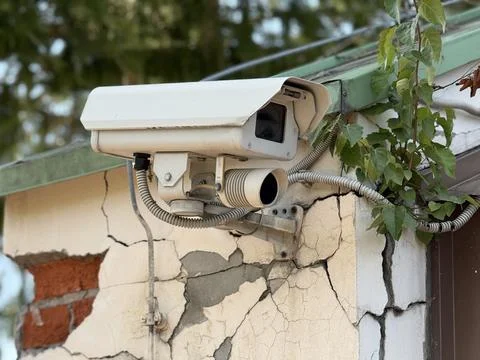 Security camera mounted on cracked wall with climbing plant in outdoor urba.. Stock Photos
