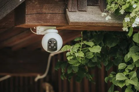 Security camera mounted on wooden eaves with green foliage surrounding it, .. Stock Photos