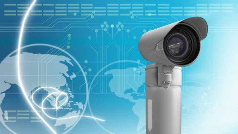 Security camera moving against globe and microprocessor connections on blue Vídeo Stock 150452727