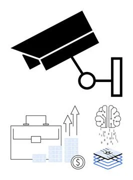 Security camera overlooking business briefcase, data charts, rising arrows, d Stock Illustration