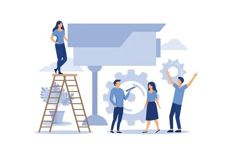 Security camera, people scanning, protected objects flat vector design illust Stock Illustration