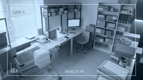 Security Camera Recording Empty Warehouse Office at Night Stock Footage 346048863