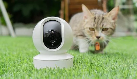 Security camera standing in the garden of a house with cat  for the surveil.. Stock Photos