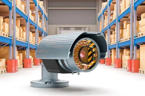 Security camera in storehouse. Security and protect of delivery. 3D rendering Stock Illustration
