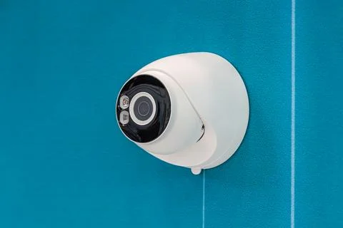 Security camera surveillance system mounted on a wall, white sleek rounded .. Stock Photos