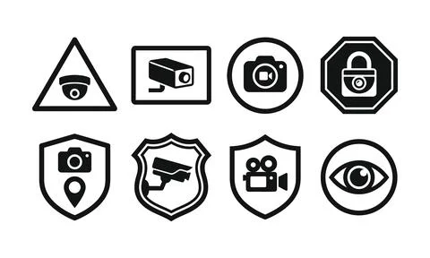 Security camera surveillance warning icons featuring lenses and shields 스톡 일러스트