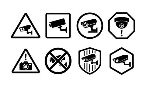 Security camera surveillance warning signs and video monitoring notices 스톡 일러스트