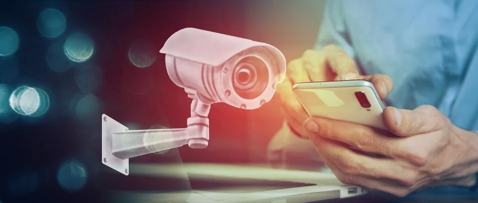 Security camera system icon and statistics - 3D rendering Stock Photos