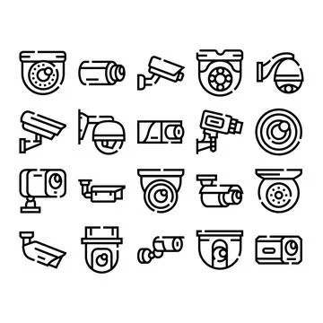 Security camera system icons for surveillance observation and protection Stock Illustration