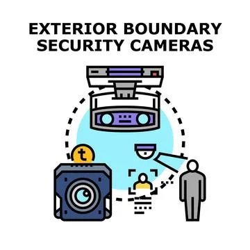 Security camera systems protecting exterior boundary with surveillance Stock Illustration
