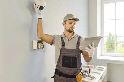 Security Camera Technician Reviewing Installation Settings on Digital Tablet Stock Photos