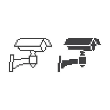 Security camera, video surveilance, CCTV. Pixel art line icon vector illust.. Stock Illustration