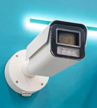 Security camera wall mount surveillance system, sleek white design, promine.. Stock Photos