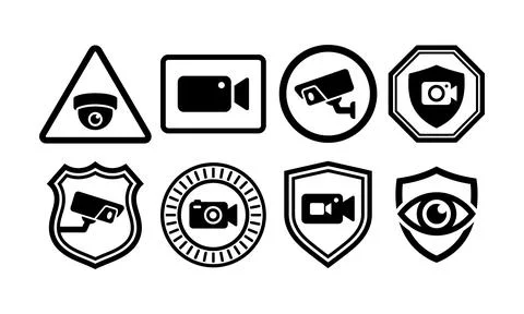 Security camera warning signs and surveillance badges asset pack Stock-Illustration