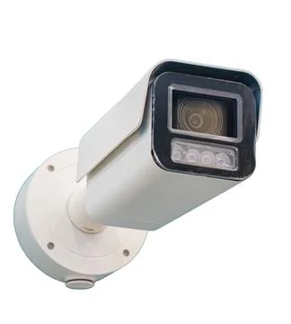 Security camera on white background, sleek rectangular design, prominent lens Stock Photos