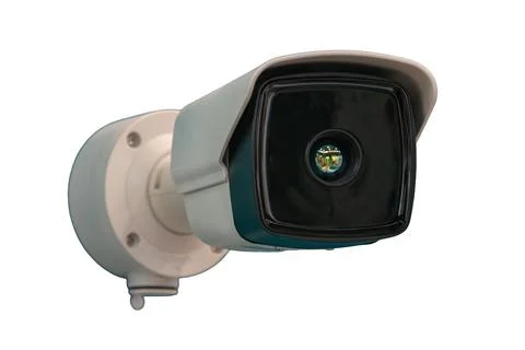 Security camera with white body and black lens, mounted for surveillance, wid Stock Photos