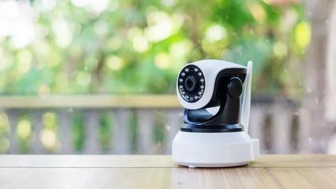 Security camera on a wooden table. Stock Photos