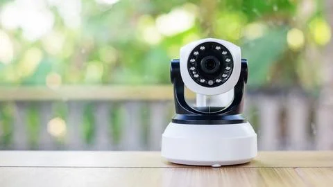Security camera on a wooden table. Stock Photos