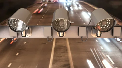 Security cameras are installed above highway for traffic monitoring, timelapse Видео 130749609