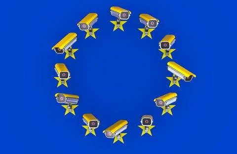 Security cameras arranged like EU flag stars, 3D rendering Stock Illustration