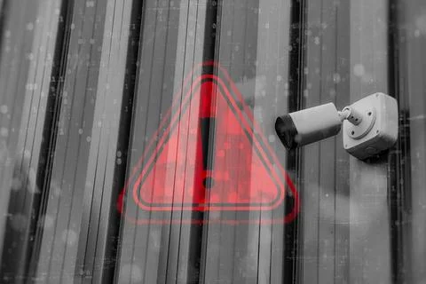 Security cameras with cyber warning on digital background. Red warning tria.. 写真素材