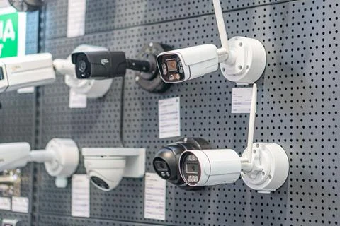 Security cameras on display in a store or showroom, with a mix of dome and vi Foto stock