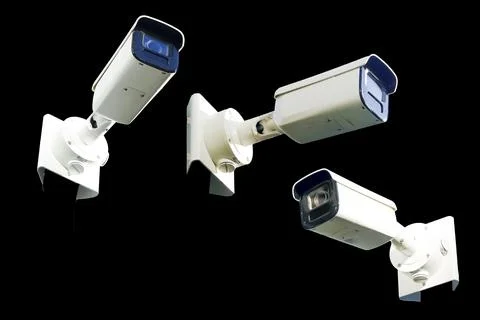 Security Cameras Isolated on Black empty Background Stock Photos