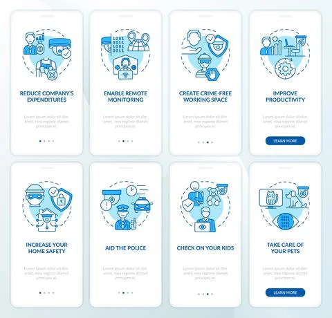 Security cameras onboarding mobile app page screen set Stock Illustration