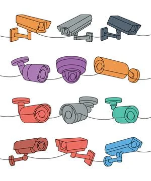 Security cameras one line colored continuous drawing. Safety home protection Illustrazione stock