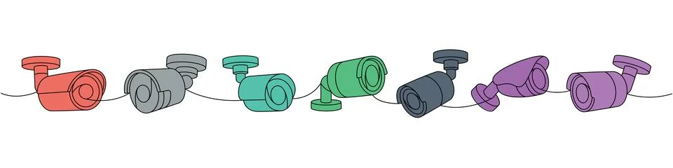Security cameras one line colored continuous drawing. External CCTV camera Illustrazione stock