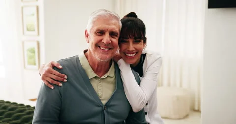 Security, caregiver or old man in home with face, connection or bonding together Stock Footage 339136591