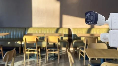 Security CCTV camera installed in coffee shop Stock Photos