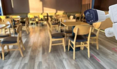 Security CCTV camera installed in coffee shop Stock Photos