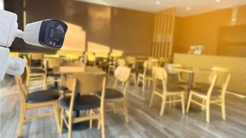 Security CCTV camera installed in coffee shop Foto stock