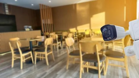 Security CCTV camera installed in coffee shop Stock Photos