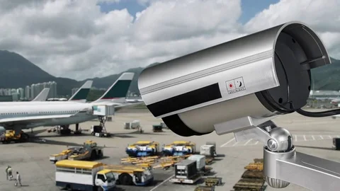 Security CCTV camera or surveillance operating in airport. Timelapse. Stock Footage 83065820