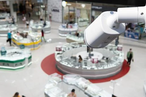 Security CCTV camera or surveillance system in office building shopping mall Fotos de archivo